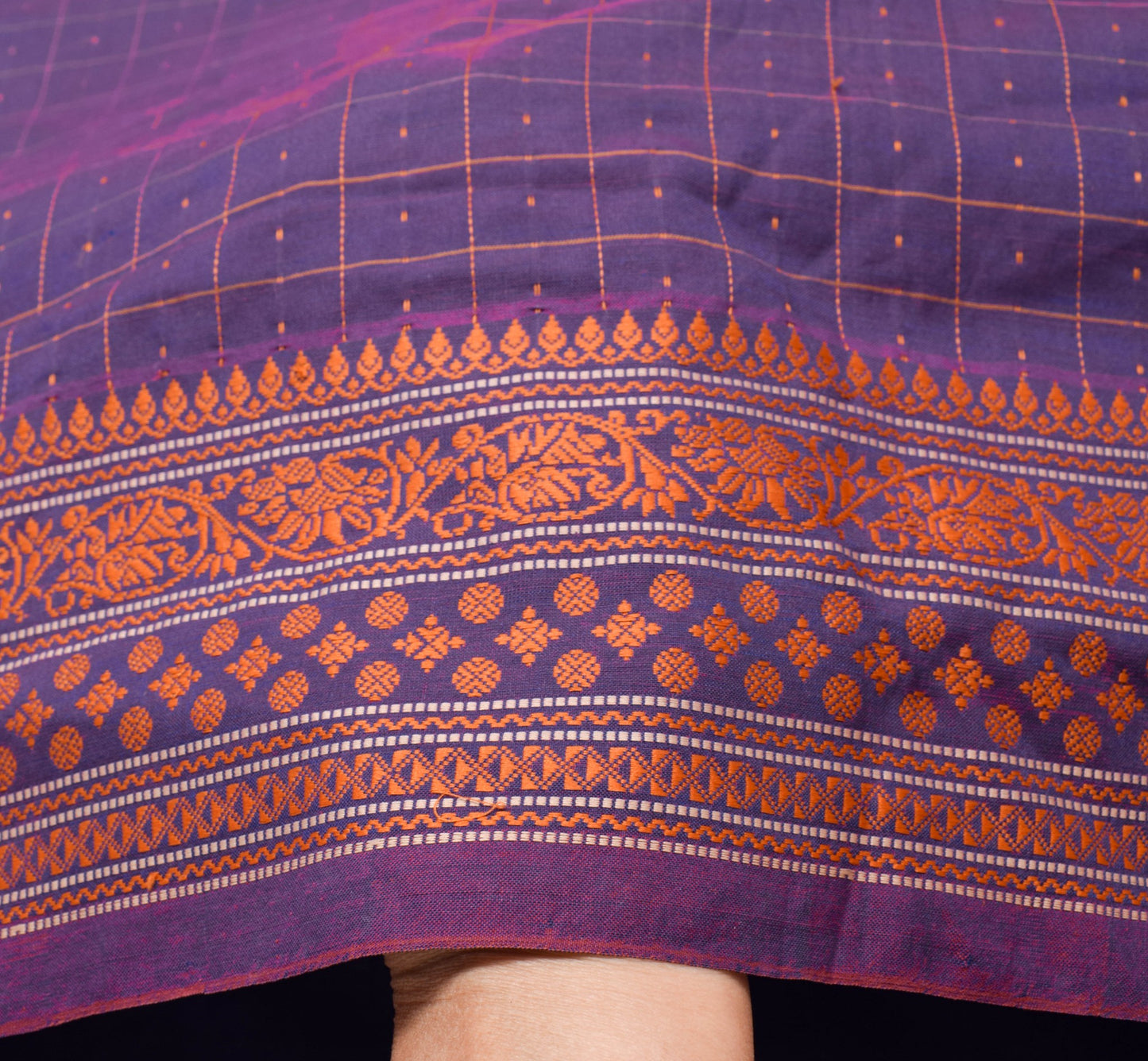 Sushila Vintage Purple Dual Tone Saree 100% Pure Cotton Checks Woven Sari Fabric