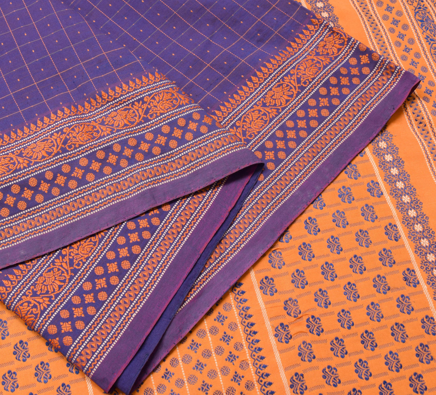 Sushila Vintage Purple Dual Tone Saree 100% Pure Cotton Checks Woven Sari Fabric