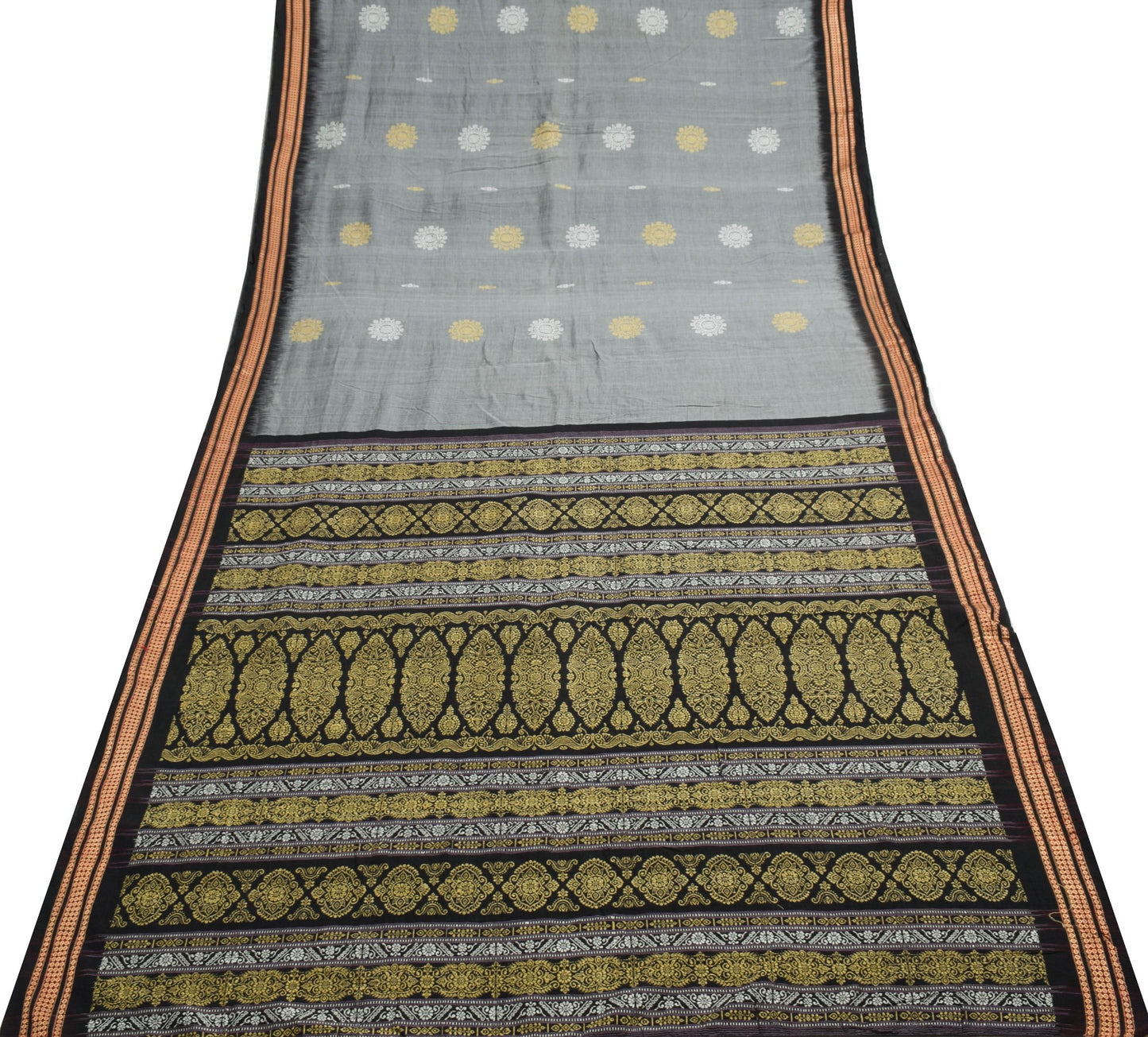 Sushila Vintage Gray Handloom Saree 100%Pure Cotton Woven Soft Sari Craft Fabric