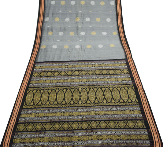 Sushila Vintage Gray Handloom Saree 100%Pure Cotton Woven Soft Sari Craft Fabric