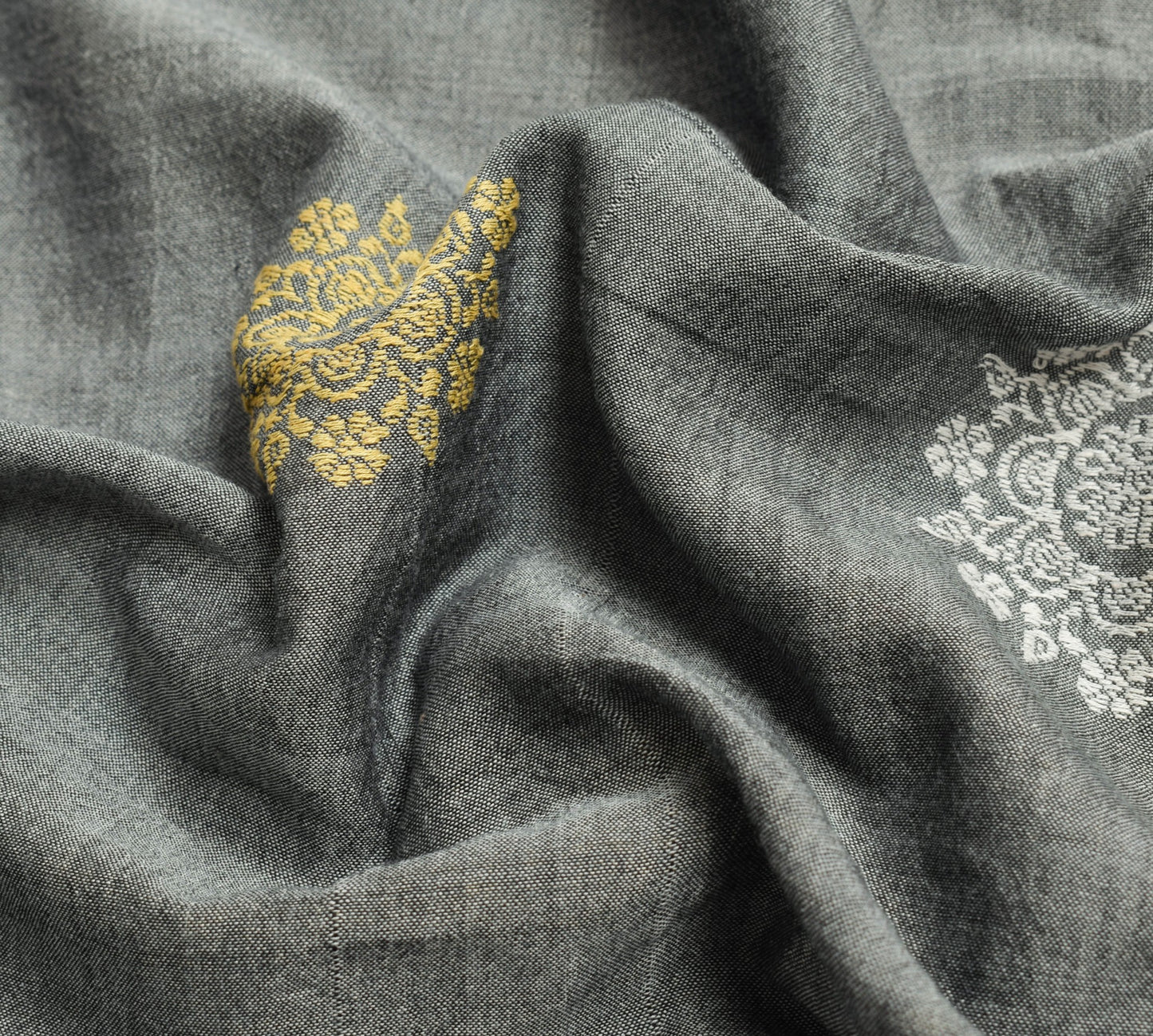 Sushila Vintage Gray Handloom Saree 100%Pure Cotton Woven Soft Sari Craft Fabric