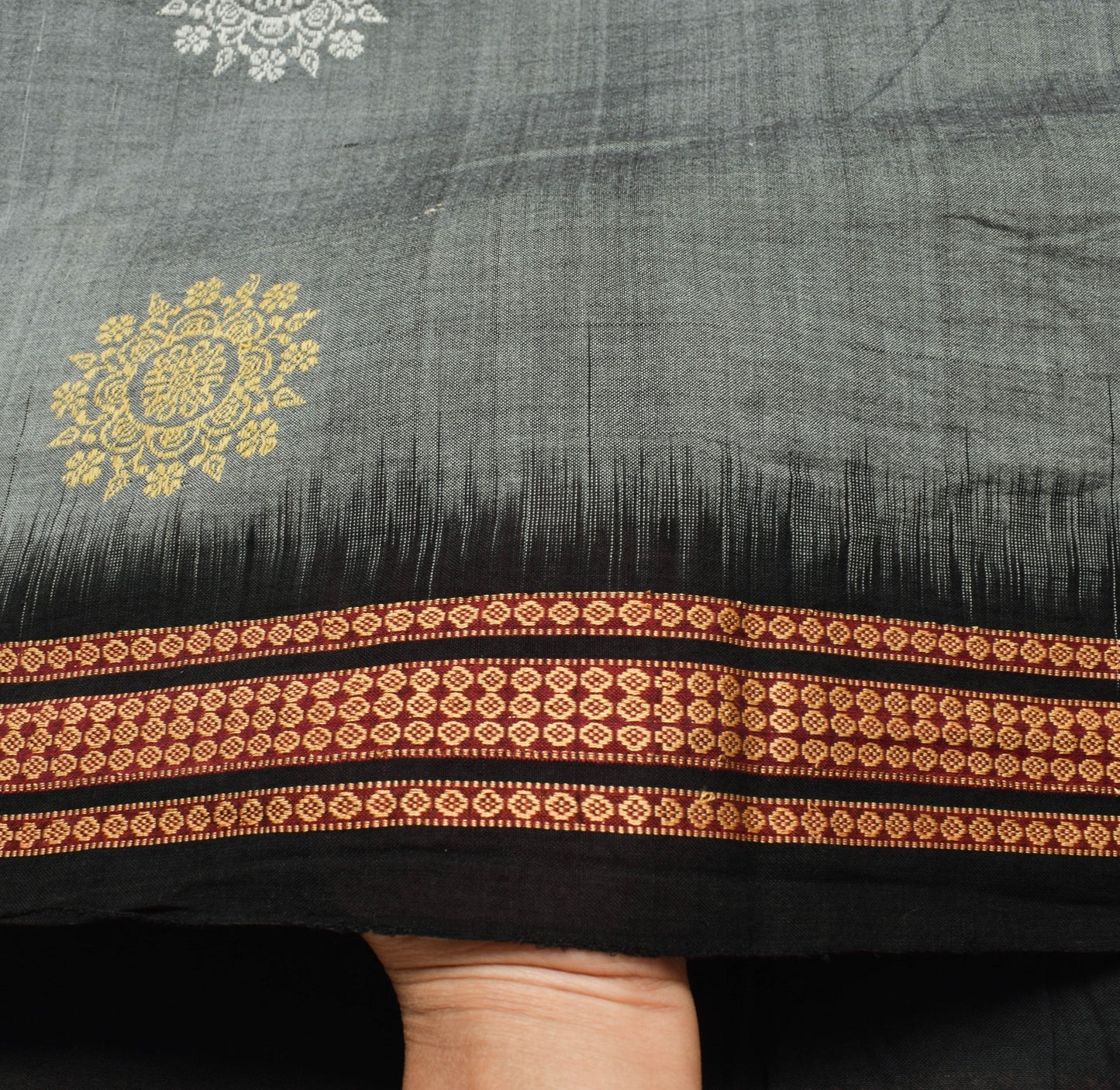 Sushila Vintage Gray Handloom Saree 100%Pure Cotton Woven Soft Sari Craft Fabric