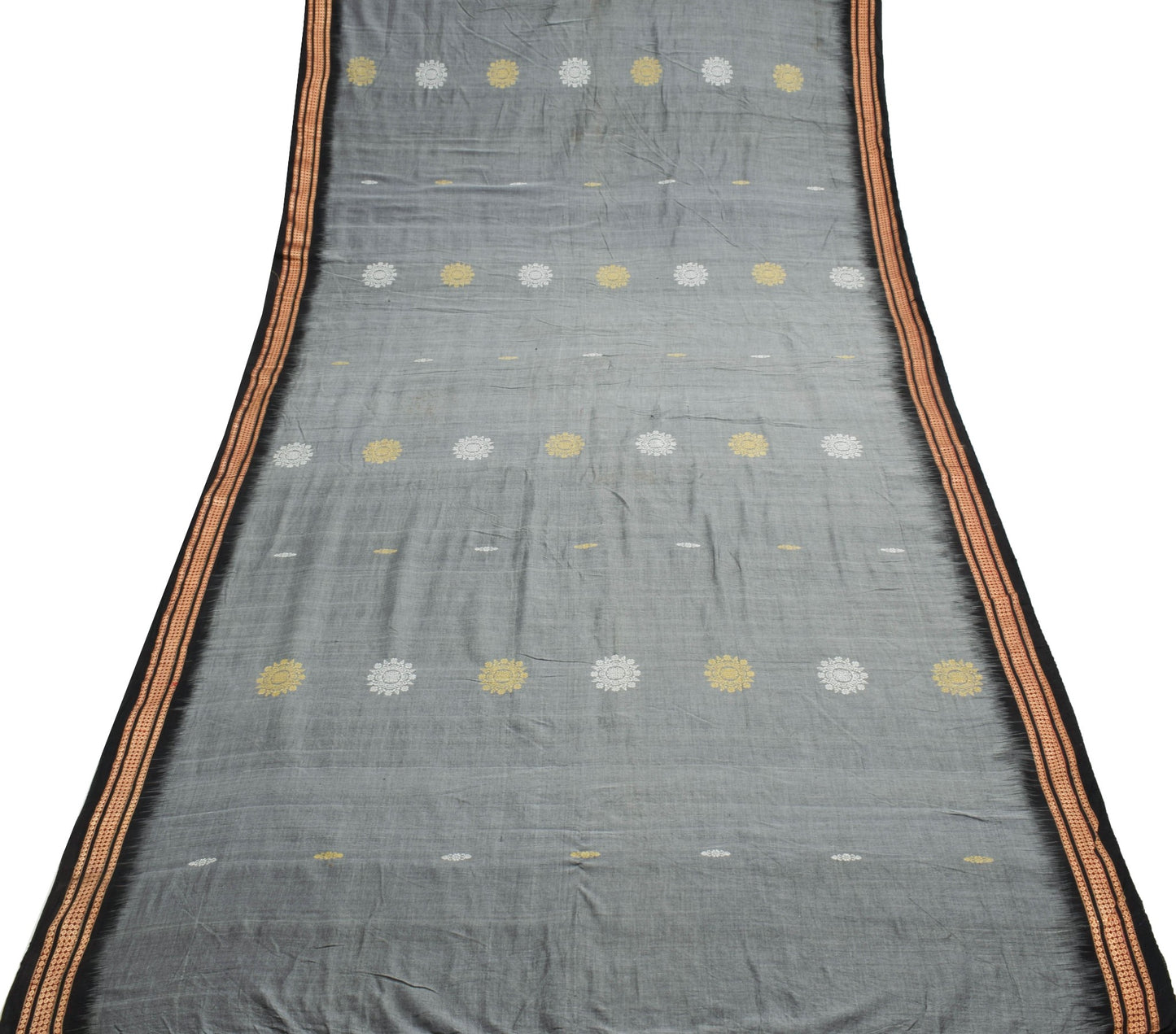 Sushila Vintage Gray Handloom Saree 100%Pure Cotton Woven Soft Sari Craft Fabric