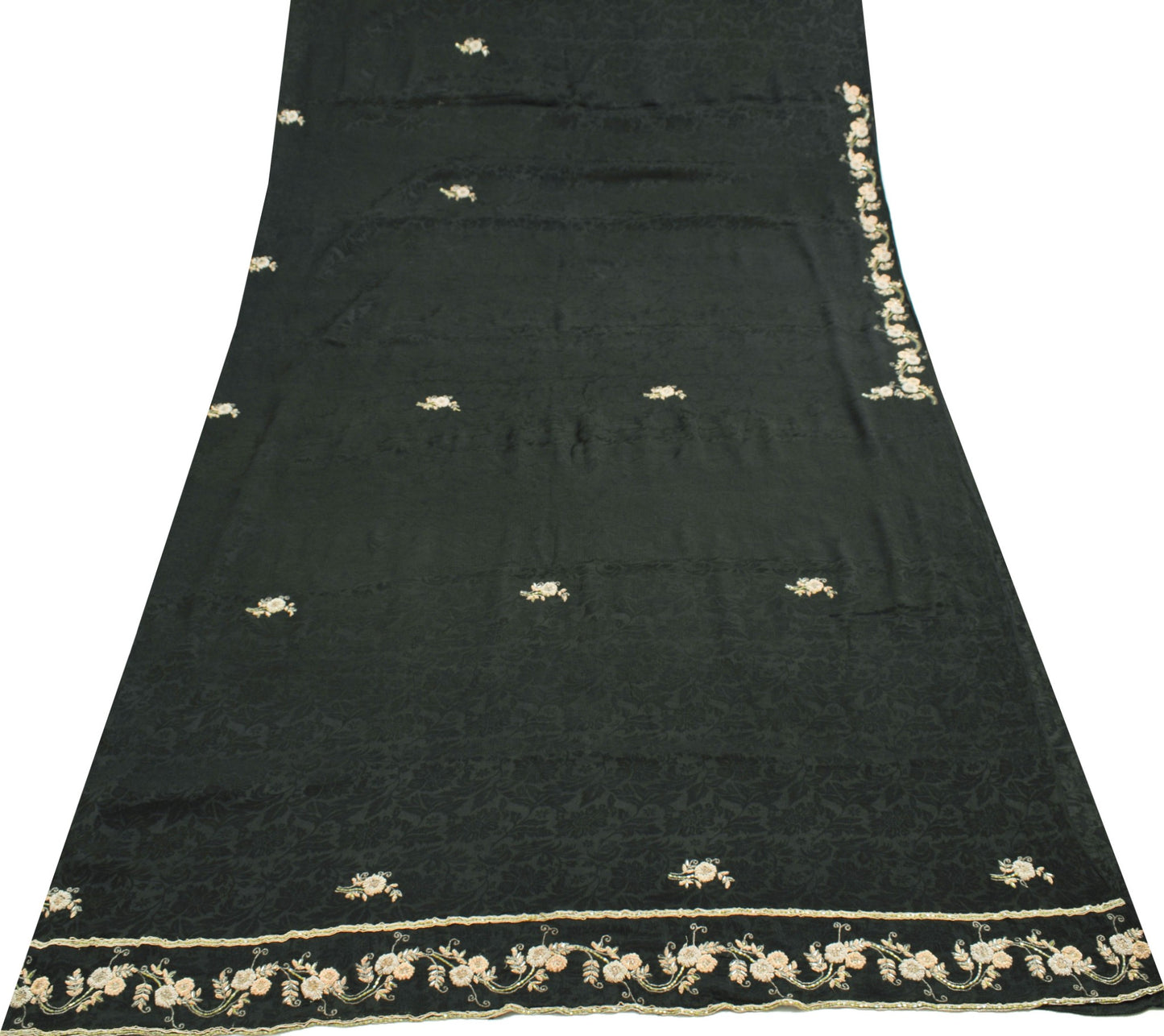 Sushila Vintage Black 100%Pure Chiffon Saree Hand Beaded Floral Soft Sari Fabric