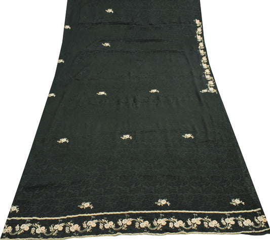 Sushila Vintage Black 100%Pure Chiffon Saree Hand Beaded Floral Soft Sari Fabric