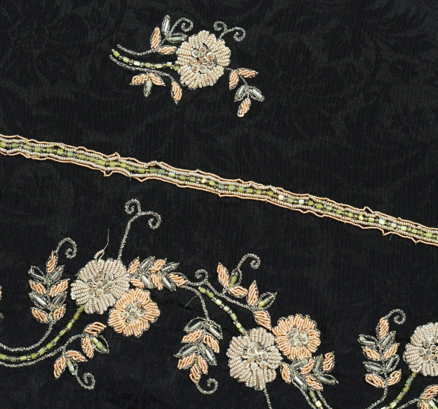 Sushila Vintage Black 100%Pure Chiffon Saree Hand Beaded Floral Soft Sari Fabric