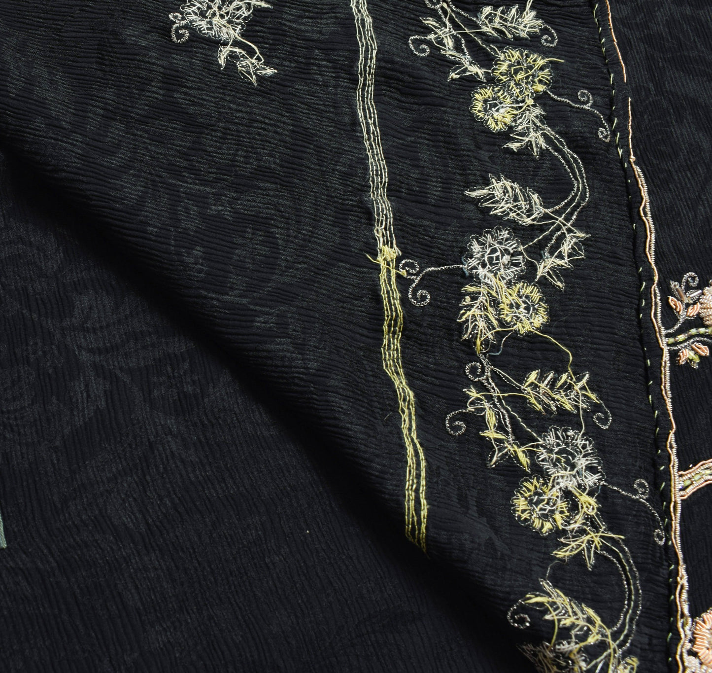 Sushila Vintage Black 100%Pure Chiffon Saree Hand Beaded Floral Soft Sari Fabric