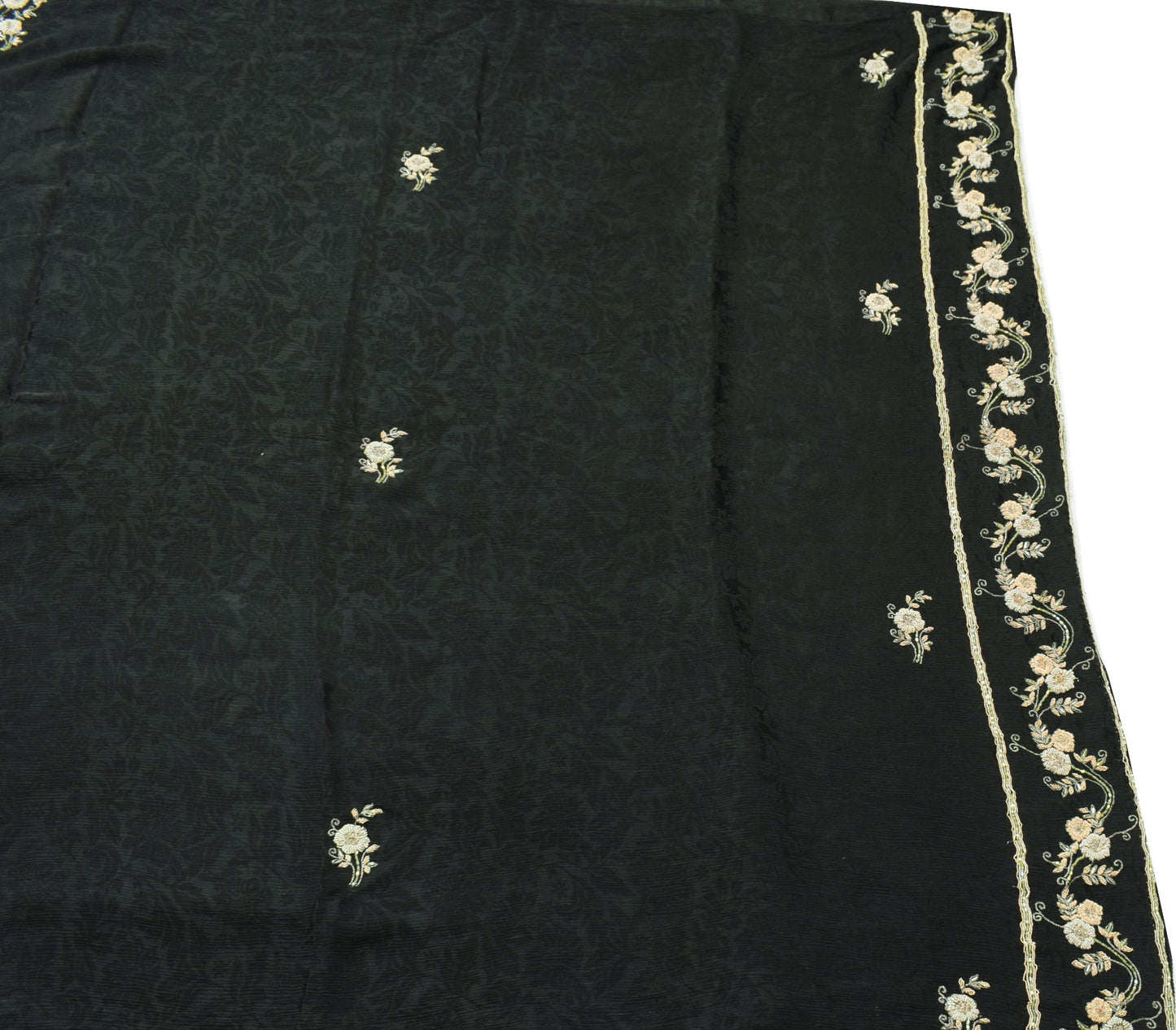 Sushila Vintage Black 100%Pure Chiffon Saree Hand Beaded Floral Soft Sari Fabric