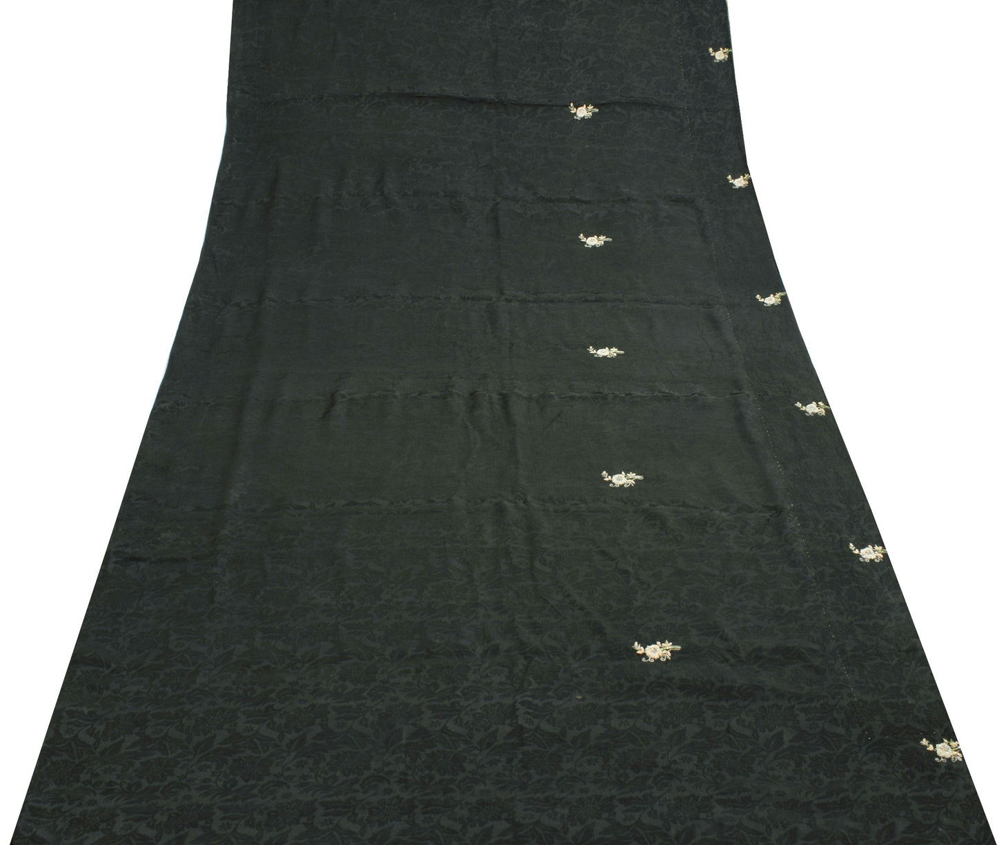 Sushila Vintage Black 100%Pure Chiffon Saree Hand Beaded Floral Soft Sari Fabric