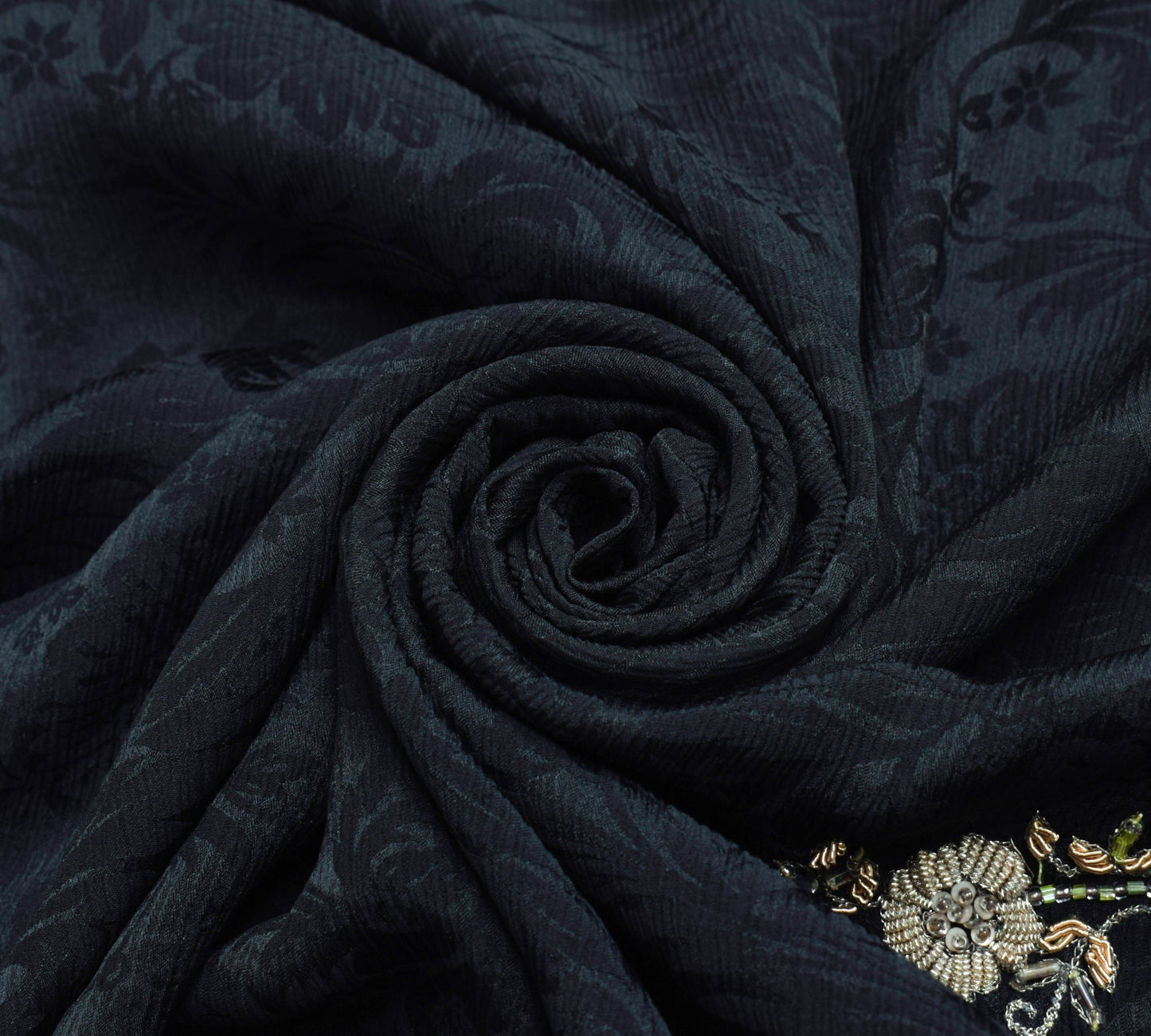 Sushila Vintage Black 100%Pure Chiffon Saree Hand Beaded Floral Soft Sari Fabric