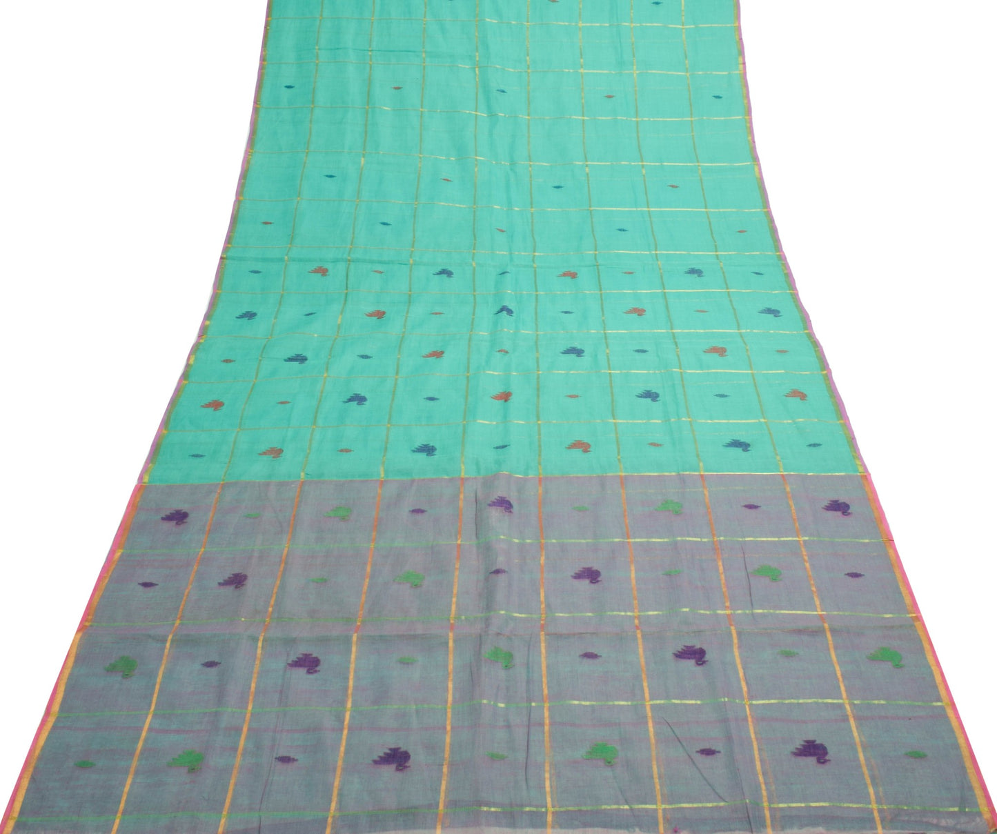 Sushila Vintage Teal Green Tant Woven Saree 100% Pure Cotton Sari Craft Fabric