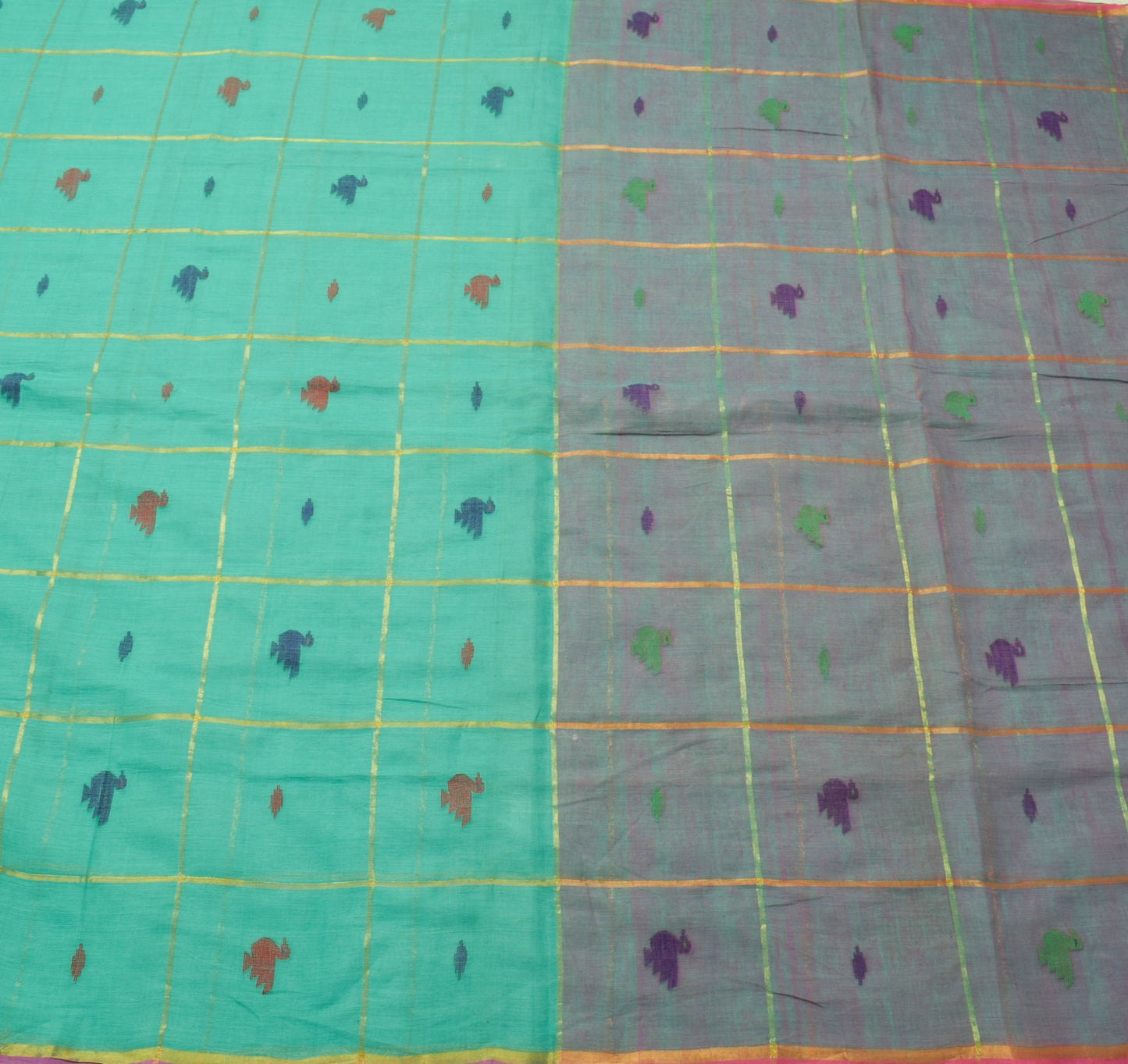 Sushila Vintage Teal Green Tant Woven Saree 100% Pure Cotton Sari Craft Fabric