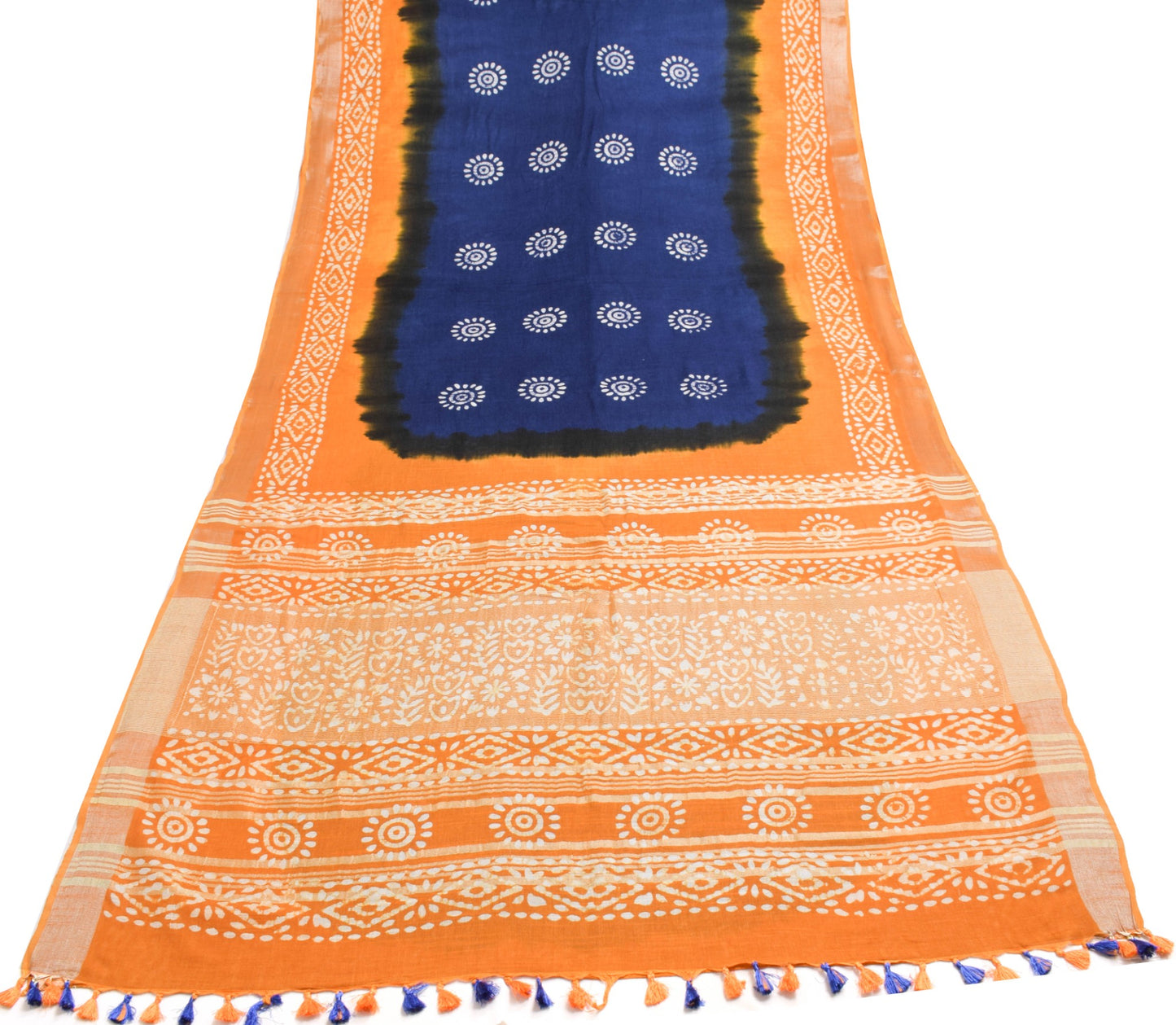 Sushila Vintage Blue Orange Saree 100% Pure Cotton Batik Printed Sari Fabric
