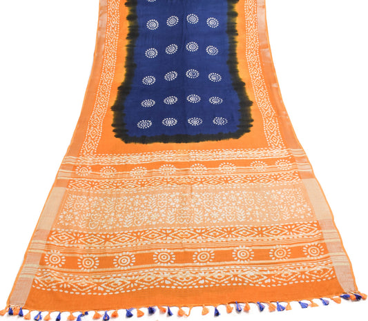 Sushila Vintage Blue Orange Saree 100% Pure Cotton Batik Printed Sari Fabric
