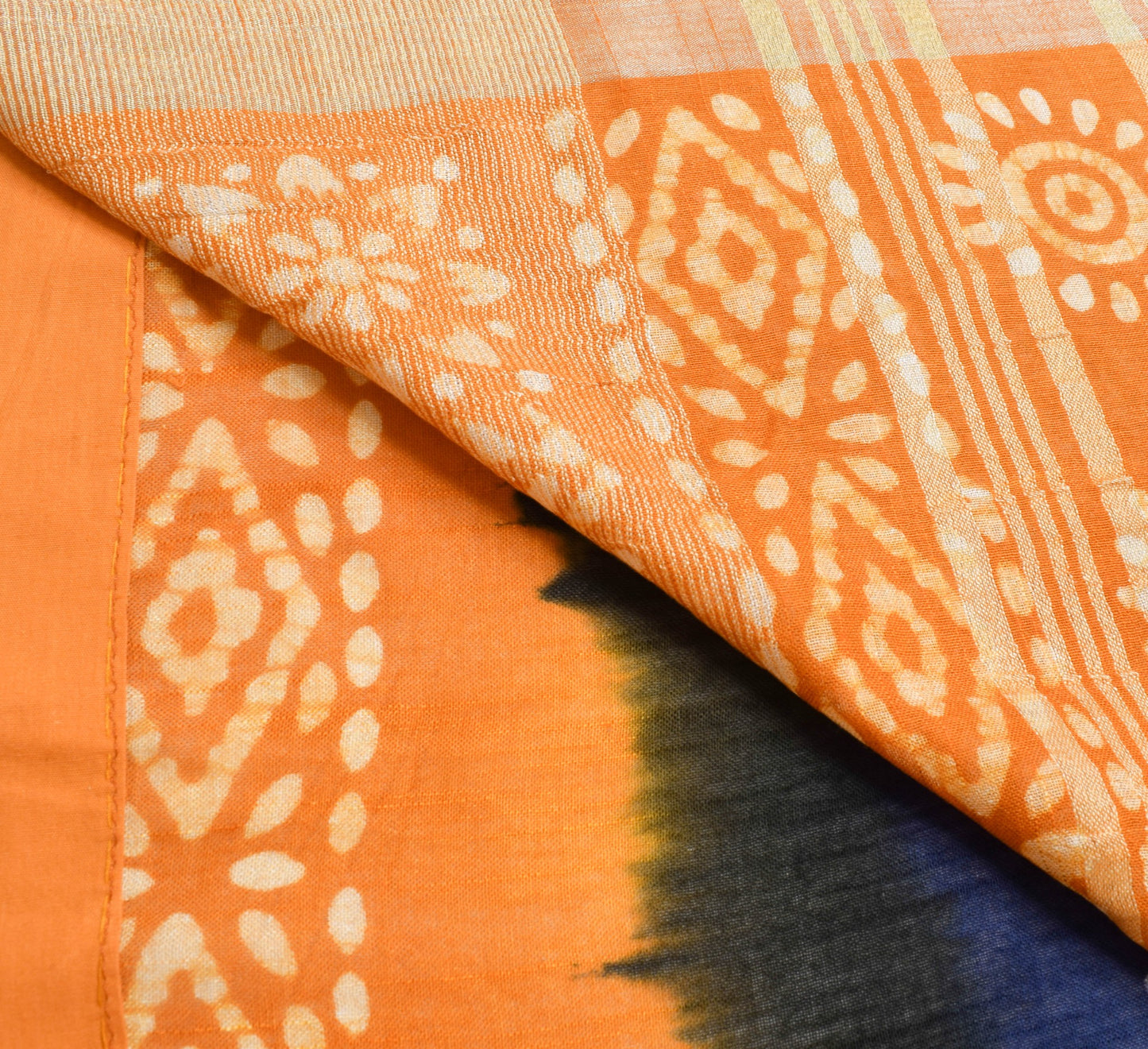 Sushila Vintage Blue Orange Saree 100% Pure Cotton Batik Printed Sari Fabric