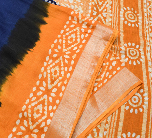 Sushila Vintage Blue Orange Saree 100% Pure Cotton Batik Printed Sari Fabric