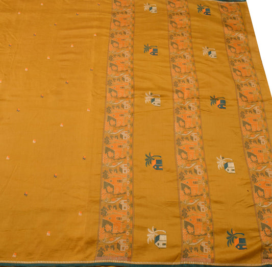 Sushila Vintage Mustard Saree 100% Pure Cotton Woven Traditional Sari Fabric