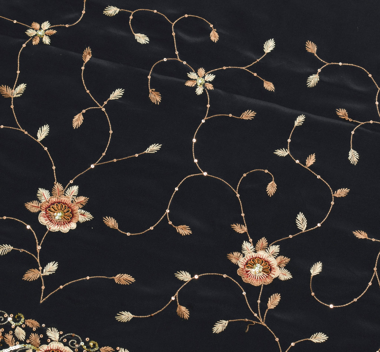 Sushila Vintage Crepe Silk Black Saree Hand Embroidered Soft Sari Dress Fabric