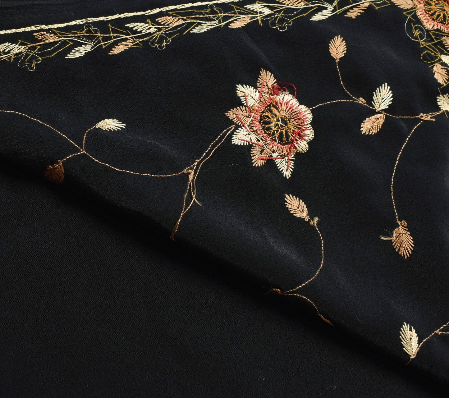 Sushila Vintage Crepe Silk Black Saree Hand Embroidered Soft Sari Dress Fabric