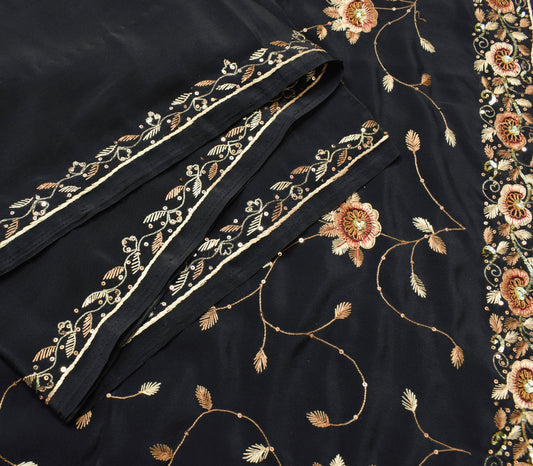 Sushila Vintage Crepe Silk Black Saree Hand Embroidered Soft Sari Dress Fabric