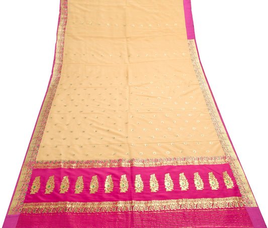 Sushila Vintage Peach 100% Pure Silk Saree Banarasi Zari Brocade Sari Fabric