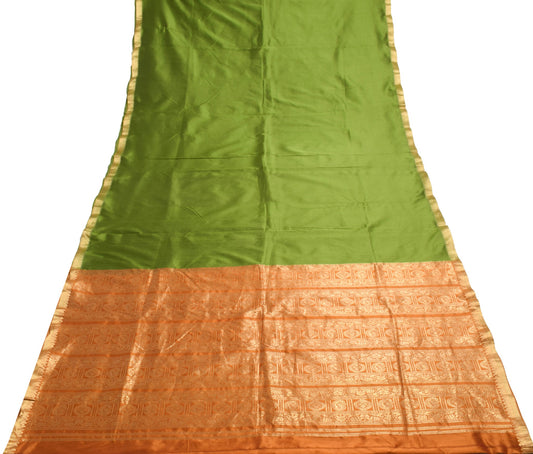 Sushila Vintage Green Rust Saree Pure Silk Zari Brocade Sari with Blouse Fabric