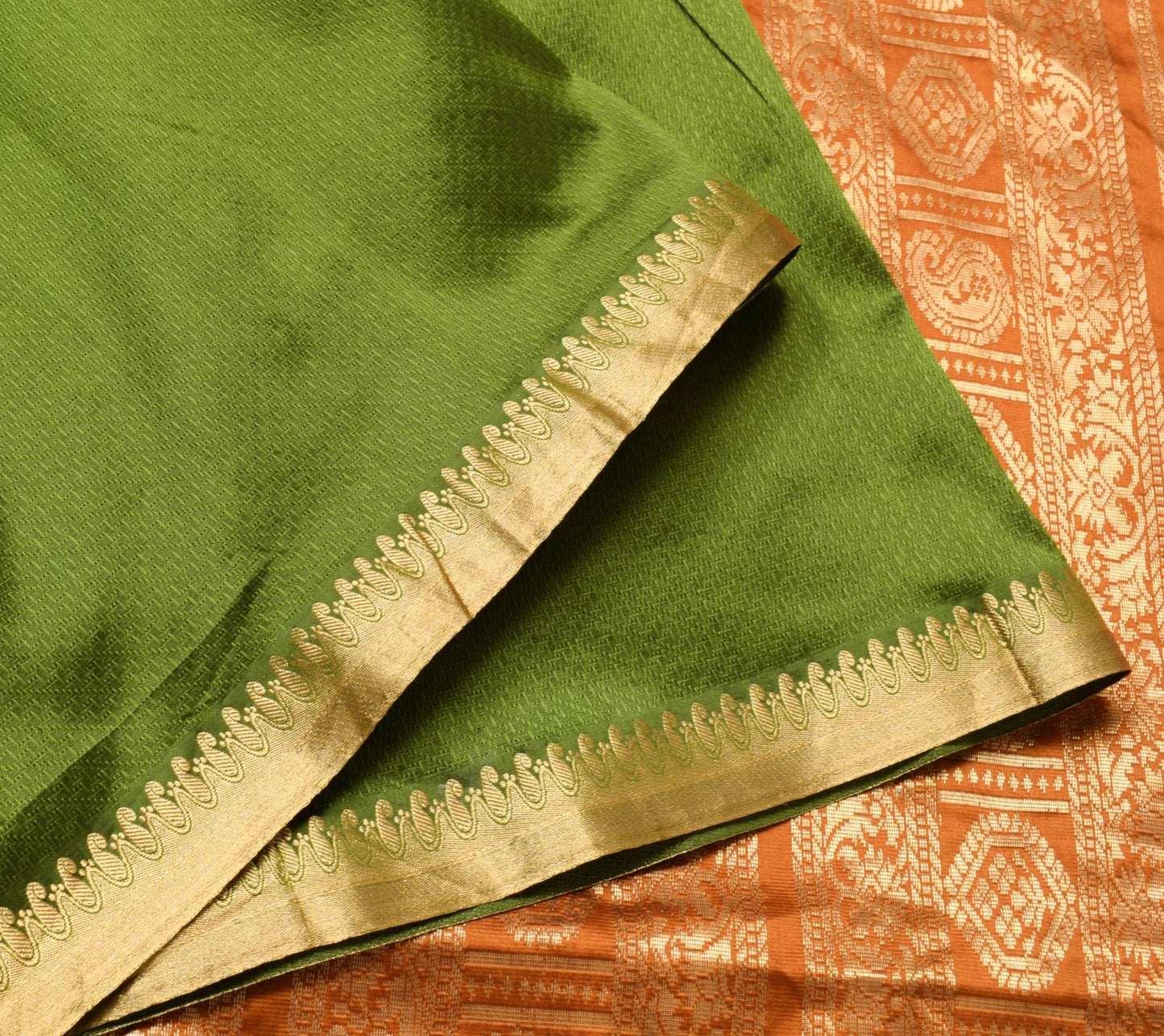 Sushila Vintage Green Rust Saree Pure Silk Zari Brocade Sari with Blouse Fabric