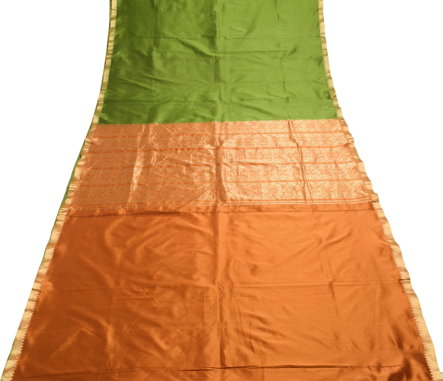 Sushila Vintage Green Rust Saree Pure Silk Zari Brocade Sari with Blouse Fabric