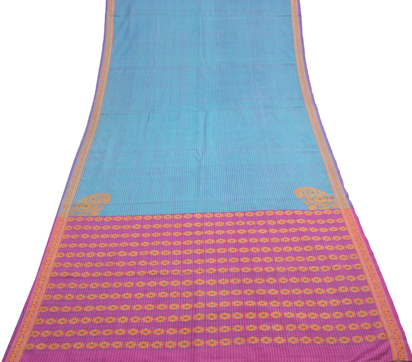 Sushila Vintage Aqua Blue Saree 100% Pure Cotton Hand Woven Sari Craft Fabric