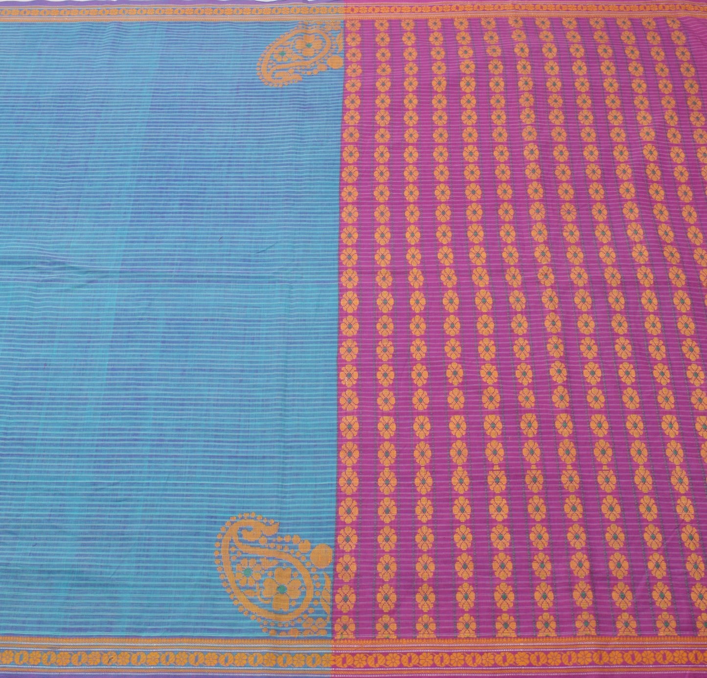 Sushila Vintage Aqua Blue Saree 100% Pure Cotton Hand Woven Sari Craft Fabric