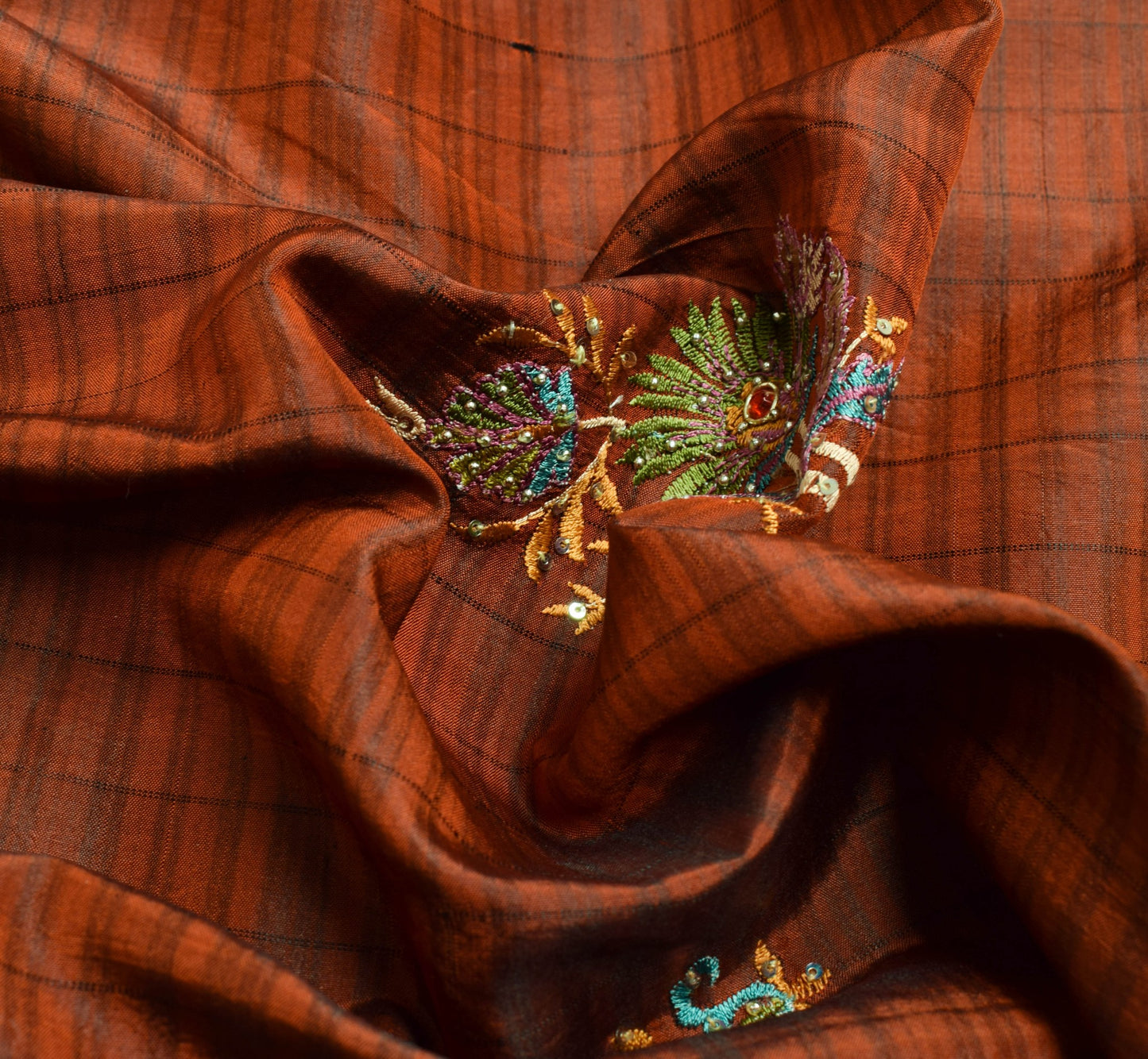Sushila Vintage Dark Rust 100% Pure Silk Saree Hand Beaded Classy Sari Fabric
