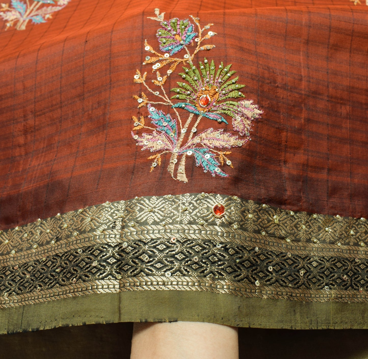 Sushila Vintage Dark Rust 100% Pure Silk Saree Hand Beaded Classy Sari Fabric