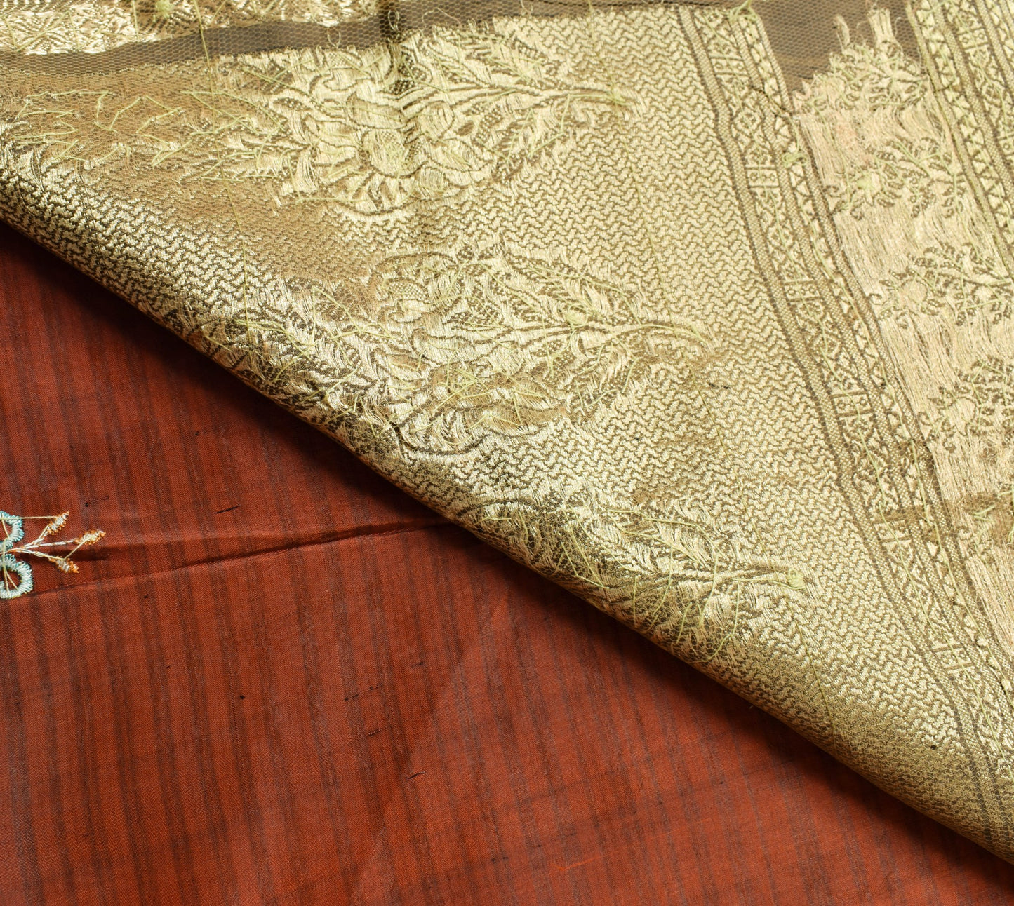 Sushila Vintage Dark Rust 100% Pure Silk Saree Hand Beaded Classy Sari Fabric