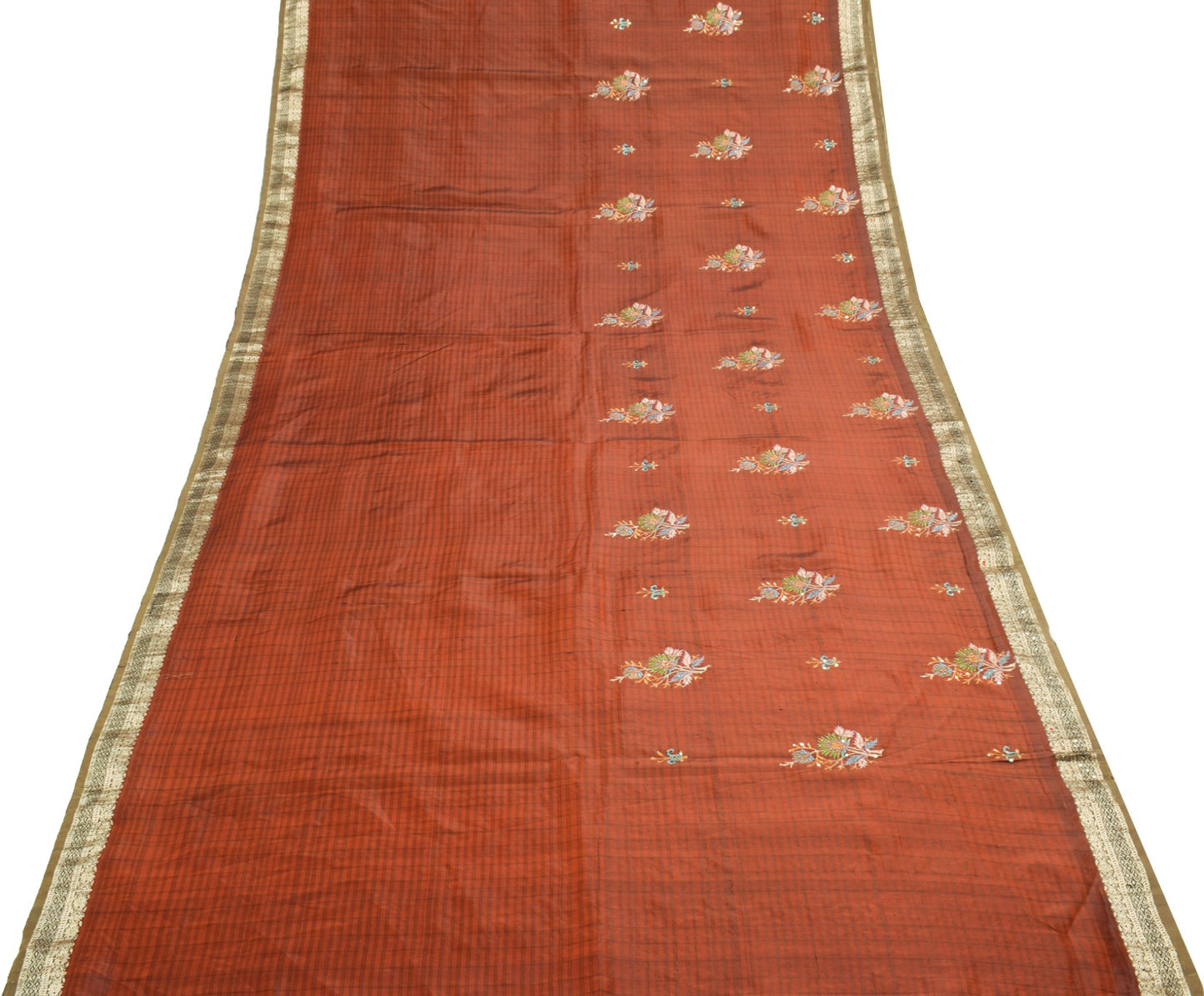 Sushila Vintage Dark Rust 100% Pure Silk Saree Hand Beaded Classy Sari Fabric