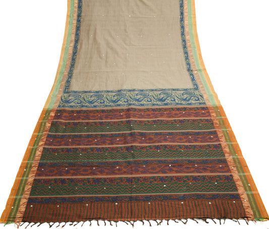 Sushila Vintage Gray Hand Block Printed Saree Pure Cotton Woven 5YD Sari Fabric