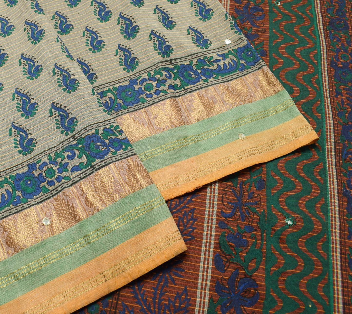 Sushila Vintage Gray Hand Block Printed Saree Pure Cotton Woven 5YD Sari Fabric