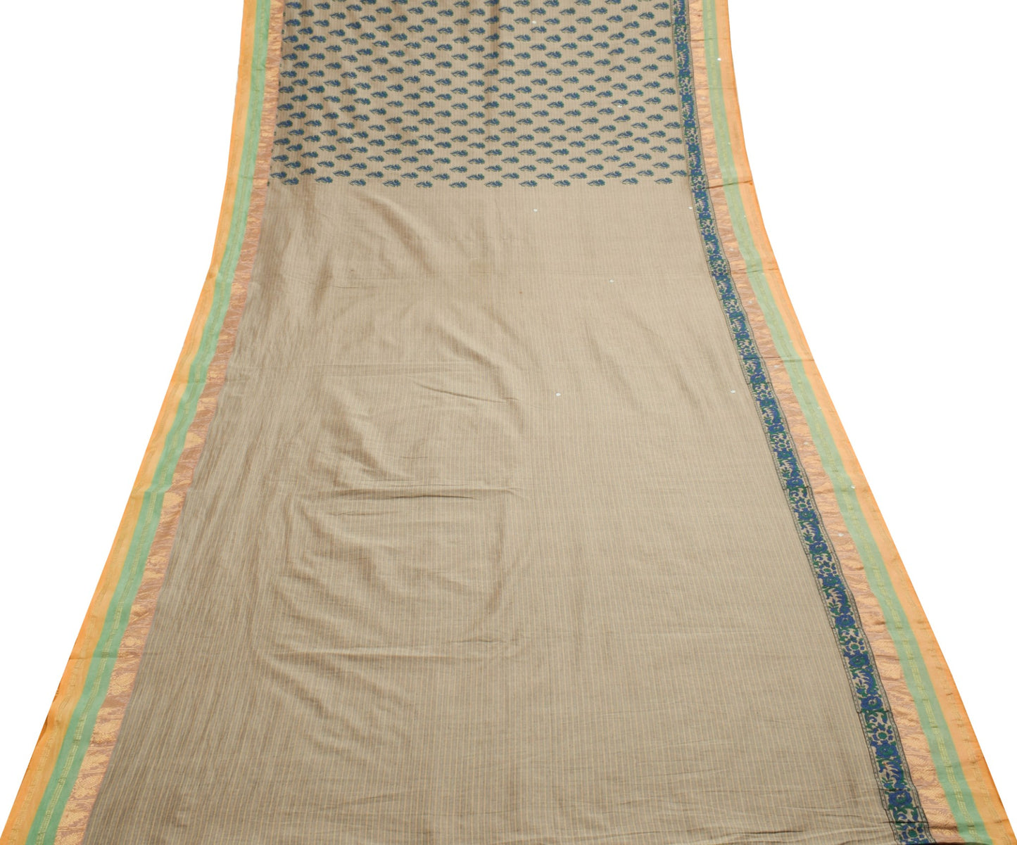 Sushila Vintage Gray Hand Block Printed Saree Pure Cotton Woven 5YD Sari Fabric