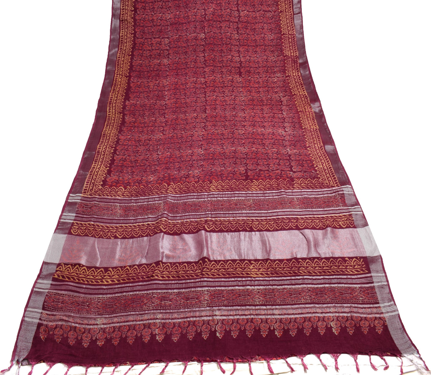 Sushila Vintage Maroon Hand Block Printed Saree Pure Cotton Woven Sari Fabric