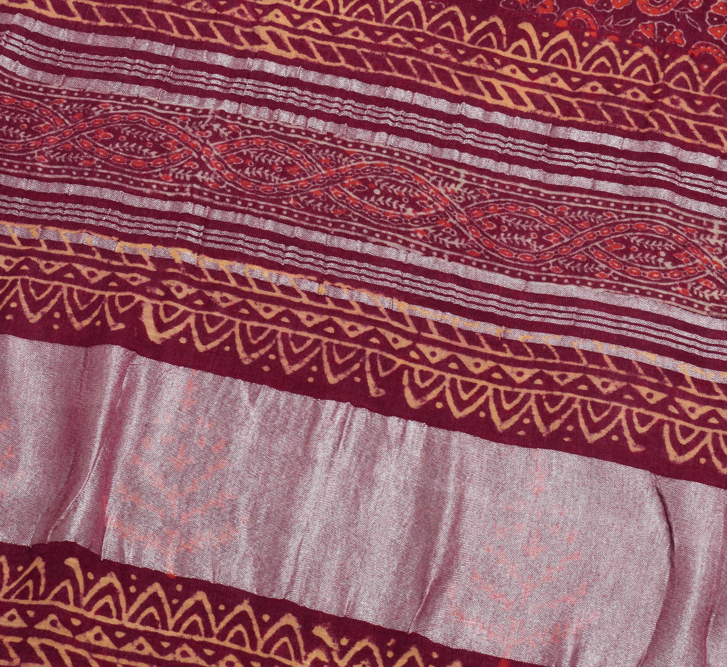 Sushila Vintage Maroon Hand Block Printed Saree Pure Cotton Woven Sari Fabric