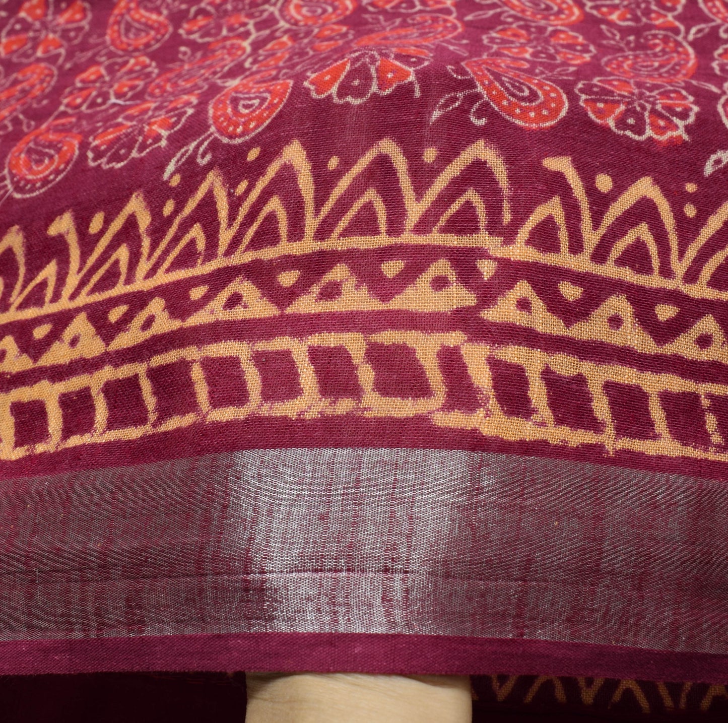 Sushila Vintage Maroon Hand Block Printed Saree Pure Cotton Woven Sari Fabric