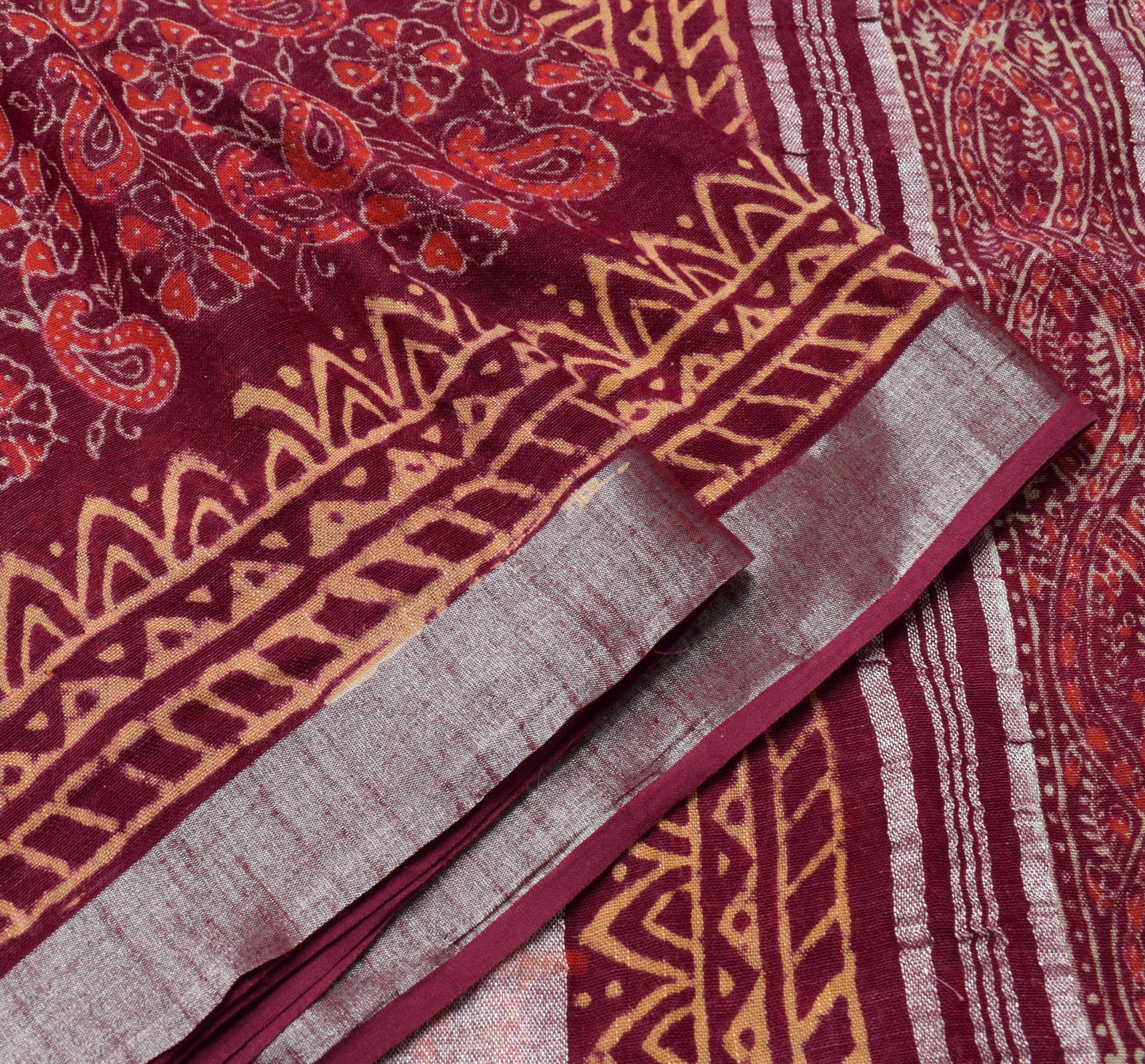 Sushila Vintage Maroon Hand Block Printed Saree Pure Cotton Woven Sari Fabric