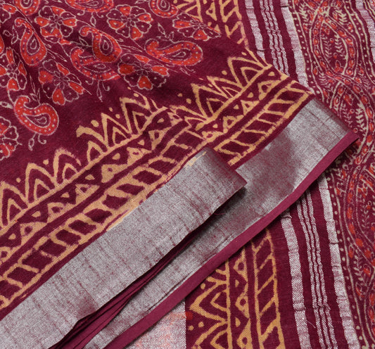 Sushila Vintage Maroon Hand Block Printed Saree Pure Cotton Woven Sari Fabric