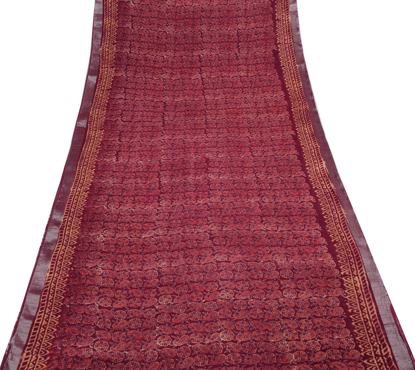 Sushila Vintage Maroon Hand Block Printed Saree Pure Cotton Woven Sari Fabric