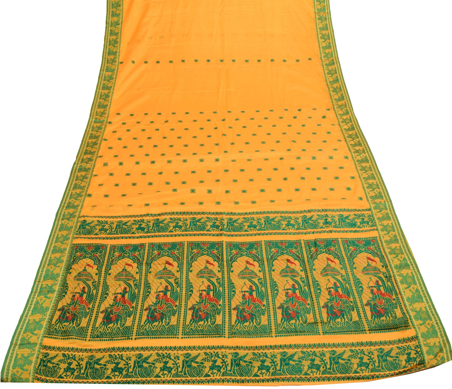Sushila Vtg. Yellow Baluchari Woven Saree Pure Silk Handloom Sari Craft Fabric