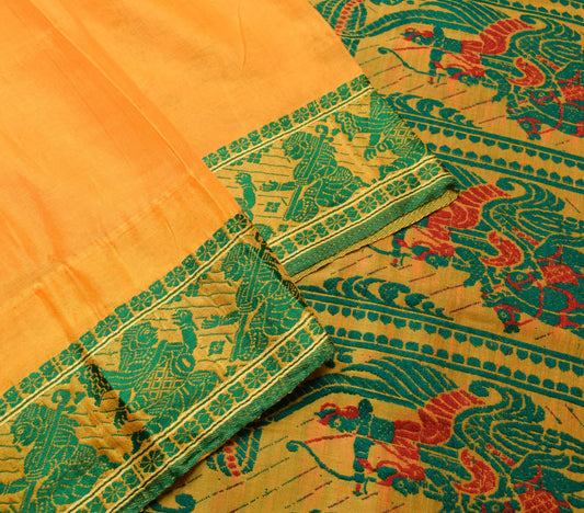 Sushila Vtg. Yellow Baluchari Woven Saree Pure Silk Handloom Sari Craft Fabric