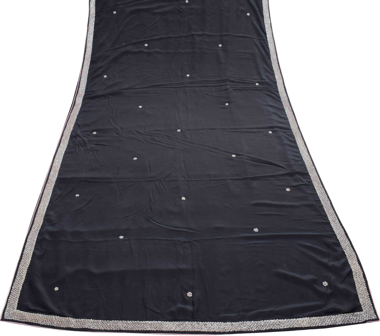 Sushila Vintage Black Glass Beads Embellish Saree Pure Crepe Silk  Sari Fabric