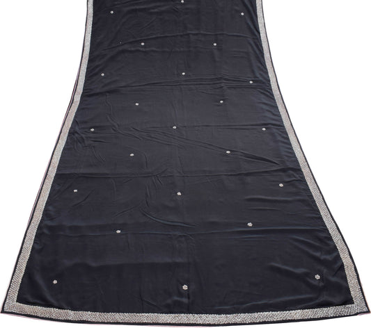 Sushila Vintage Black Glass Beads Embellish Saree Pure Crepe Silk  Sari Fabric