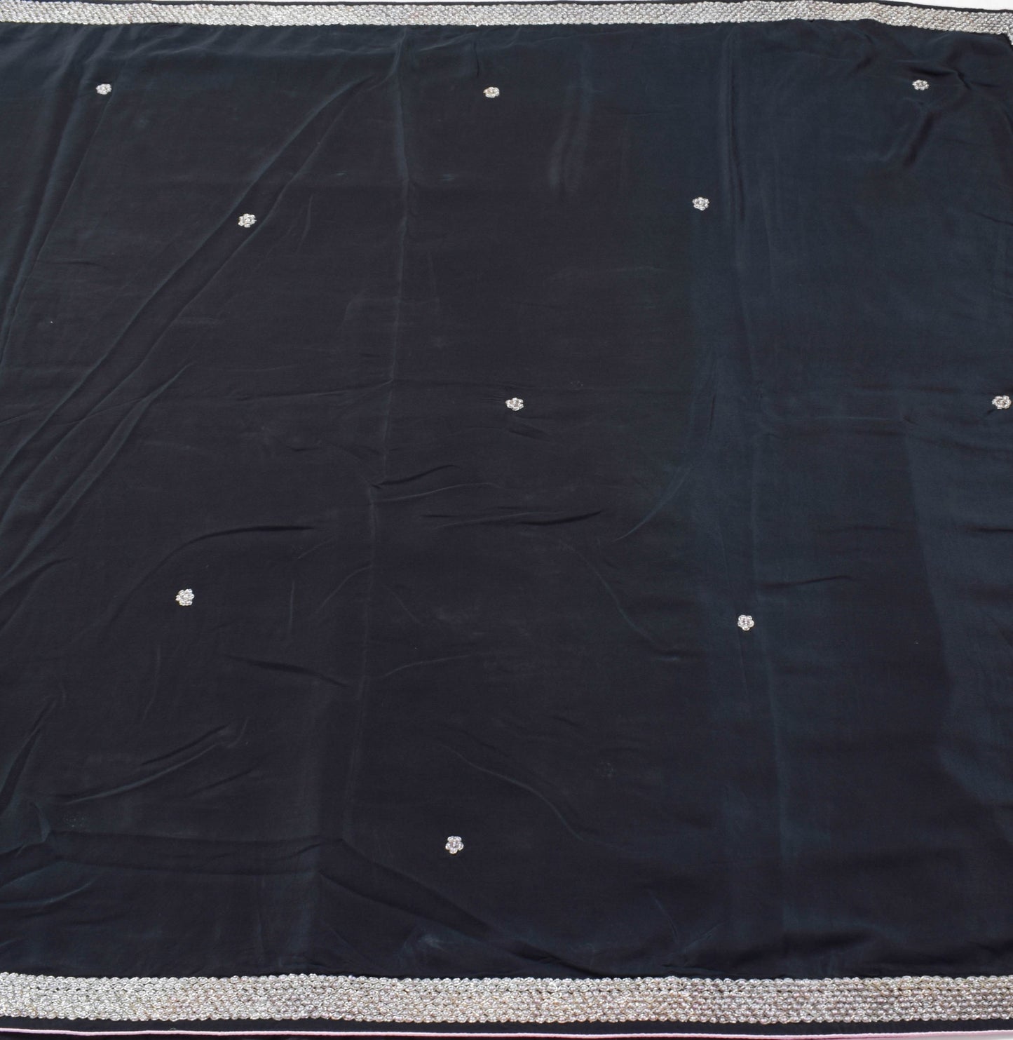 Sushila Vintage Black Glass Beads Embellish Saree Pure Crepe Silk  Sari Fabric