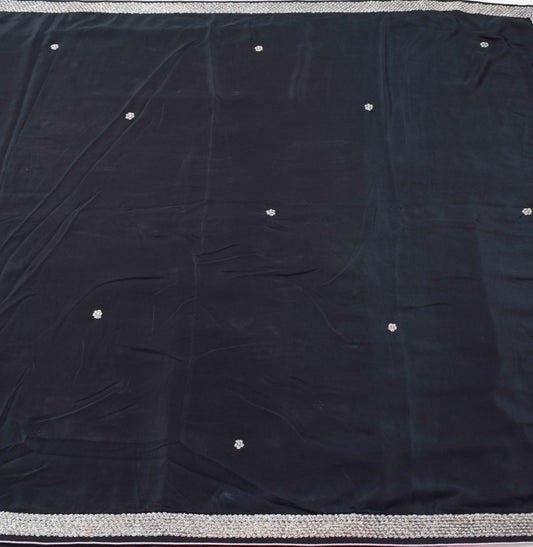 Sushila Vintage Black Glass Beads Embellish Saree Pure Crepe Silk  Sari Fabric