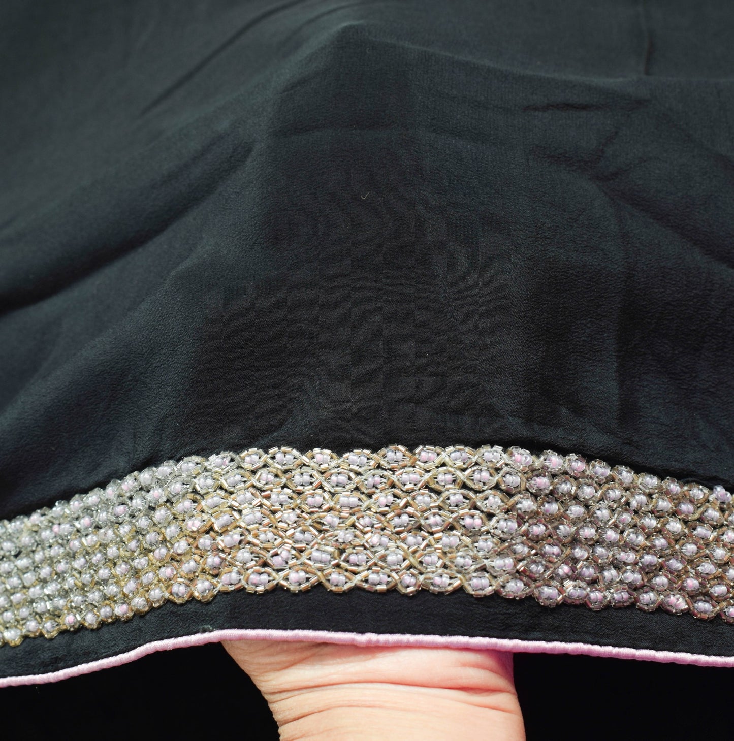 Sushila Vintage Black Glass Beads Embellish Saree Pure Crepe Silk  Sari Fabric